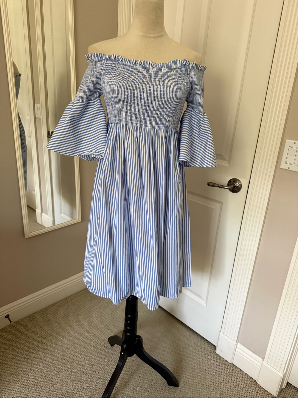 Smocked One-Shoulder Blue and White Striped Dress